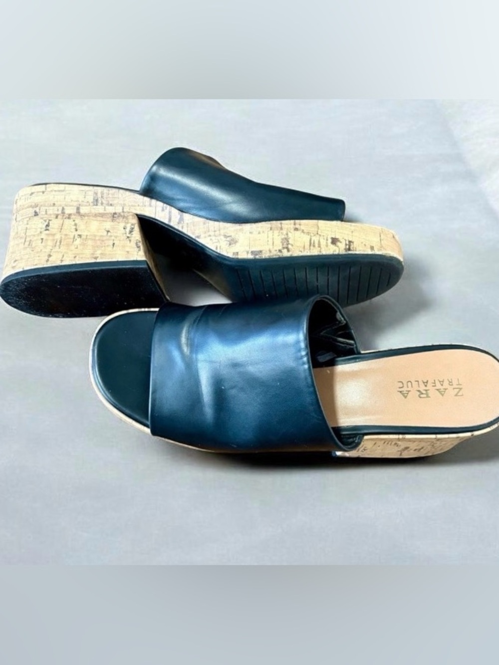 Zara Black Leather Cork Platform Slide Mules